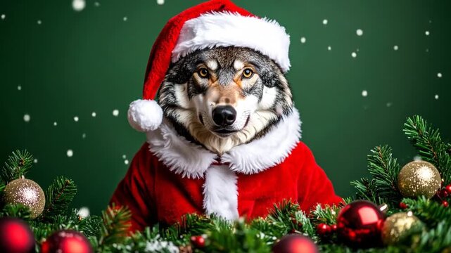 Wolf in Santa Costume with Christmas Decorations