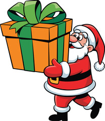 Cartoon Santa Claus carrying large orange gift box with green ribbon, festive Christmas character in walking pose, vector illustration