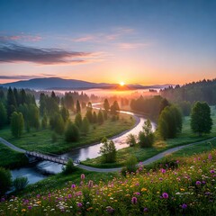 Obraz premium Idyllic Sunrise Over a River Valley Lush Greenery and Vibrant Wildflowers Creating a Breathtaking Natural Scene