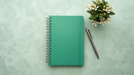 Green spiral notebook and pen with small flower arrangement