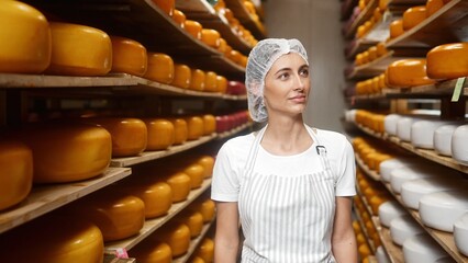 Beautiful cheerful young Caucasian woman in apron walking at storage house with cheese heads on shelves. A lot of cheese on wooden shelves. Craft production. Dairy factory concept. Close up portrait