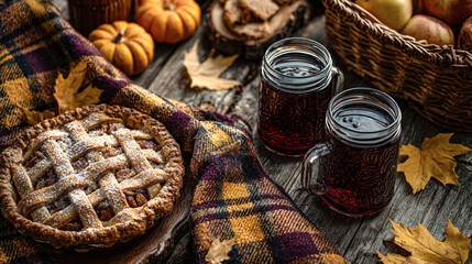 Freshly baked apple pie on a rustic wooden table, surrounded by autumn leaves, pumpkins, and two jars of dark beverage, creating a cozy seasonal atmosphere