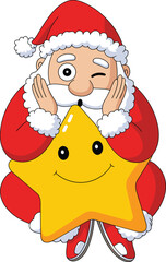 Cartoon Santa Claus, red suit character, holding smiling star, festive holiday illustration, cheerful Christmas icon, cute vector art design