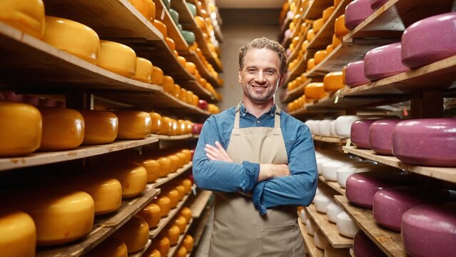 Close up portrait of cheerful adult middle-aged Caucasian man in apron standing at storage house with cheese heads smiling to camera. Wheels of cheese on wooden shelves at dairy factory Craft business