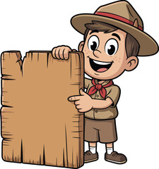 Cartoon scout character, beige shirt, red neckerchief, brown shorts, rustic wooden sign, pointing gesture, outdoor theme, vector illustration