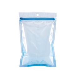 Clear Plastic Ziplock Bag with Blue Seal on White Background