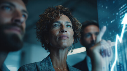 Professional woman leading technology team modern workplace innovation research collaboration futuristic laboratory environment