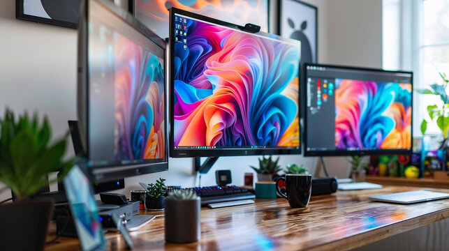 Modern office workspace featuring multiple high-resolution monitors displaying colorful creative content, representing contemporary digital design and productivity environments. - Powered by Adobe