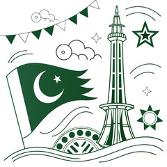 Pakistan Independence Day Vector – 14 August Celebration Design with Flag, Crescent, and Minar-e-Pakistan