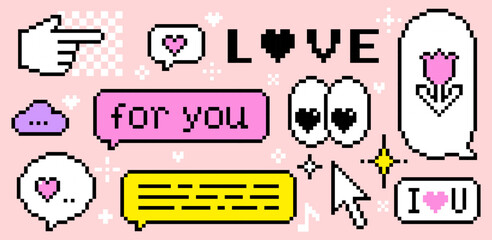 Y2k pixel art Valentine sticker set. Heart-shaped eyes, speech bubbles with romantic message, hearts and flower. 8 bit game abstract vector elements for digital design, game interface, social media © Mariia