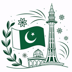 Pakistan Independence Day Vector – 14 August Celebration Design with Flag, Crescent, and Minar-e-Pakistan