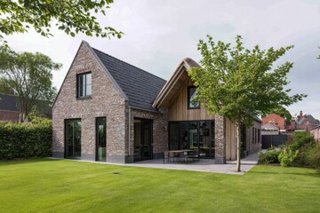 Modern house with a blend of brick and wood nestled in a green landscape, showcasing contemporary architecture in a suburban setting during daytime
