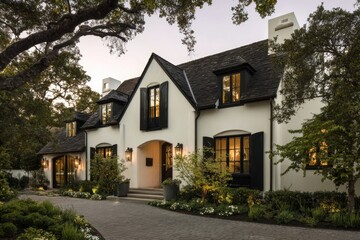 A stunning modern residence illuminated by the warm glow of early evening sunlight, featuring sophisticated architectural design and vibrant, lush landscaping that enhances its beauty