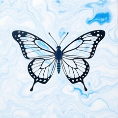 Elegant black and white butterfly with delicate blue watercolor accents on a marbled background