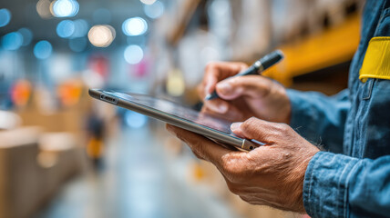 Digital tablet warehouse industrial environment technology logistics management modern workplace digitalization hands working