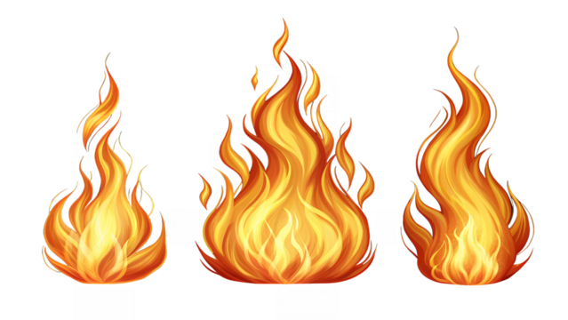 Three cartoon flames isolated against a plain dark backdrop on transparent background - Powered by Adobe