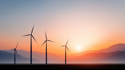 Obraz premium Wind turbines silhouetted against a vibrant sunset sky, showcasing renewable energy technology and natural landscape in a serene environment