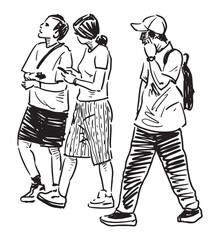 Three modern young friends people with smartphones walking outdoors together in summer, vector sketch, realistic hand drawing, doodle, white background