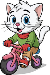Cartoon white cat riding pink tricycle, green sweater, red scarf and gloves, cheerful expression, fun pet character, vector illustration