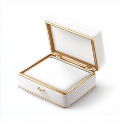 A glossy white jewelry box with gold trim sits open on a minimalist surface