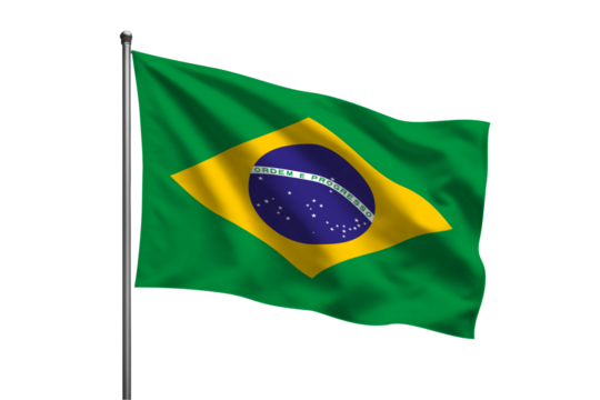 Waving brazilian flag on a pole with green background and yellow diamond and blue globe design center
