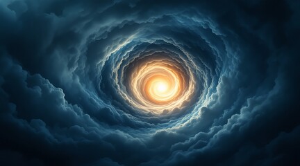 A swirling vortex of clouds creates a dramatic and ethereal scene in the sky