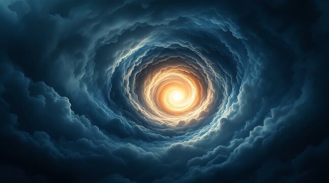 A swirling vortex of clouds creates a dramatic and ethereal scene in the sky