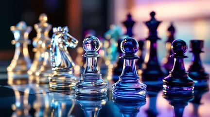 A set of crystal chess pieces are arranged on a reflective board, ready for a strategic game
