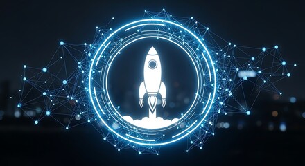 White rocket ship blasts off within glowing circle and plexus network against dark cityscape