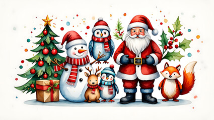 Watercolor Christmas Characters Santa Snowman Penguin Fox Reindeer Tree and Gift Illustration Festive Holiday Season Celebration Joyful Spirit