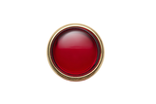 A red glass button with a gold rim on a white isolated on a transparent background in PNG format. - Powered by Adobe