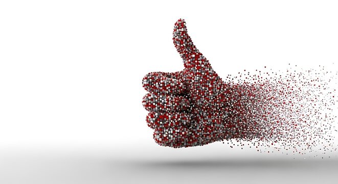 Approving hand gesture made of cubes disintegrates into small pieces on a white backdrop - Powered by Adobe