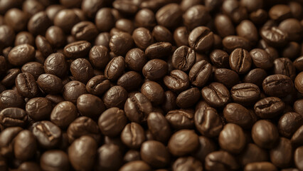 Naklejka premium Closeup Macro Shot of Freshly Roasted Coffee Beans, Capturing Detailed Texture and Rich Brown Tones