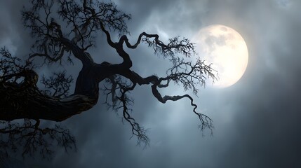 Silhouette of a gnarled tree against a moonlit sky.