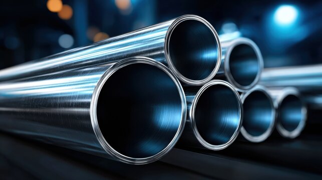 Close-up of polished galvanized steel pipes, emphasizing industrial texture and reflective surfaces, suitable for construction and engineering themes.