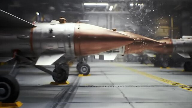 Aircraft in Hangar: A detailed image showcases a gleaming jet plane positioned within a vast, functional hangar. The shot highlights the mechanical intricacy and aerodynamic design of the aircraft.