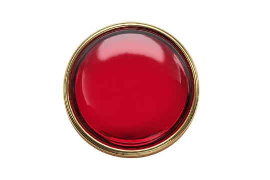 A red glass button with a gold rim on a white isolated on a transparent background in PNG format.
