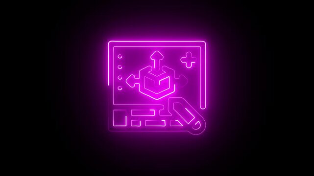 Glowing Neon 3D Modeling Icon Isolated on Black Background. HD Video Motion Graphic Animation