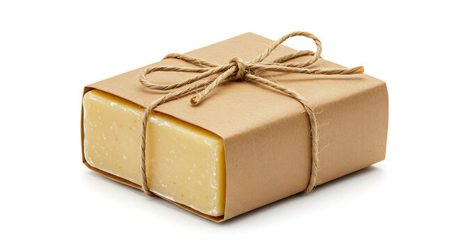Handmade soap packaging with natural twine and kraft paper, isolated image