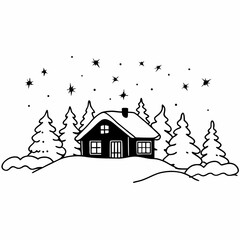 A charming cartoon house and village are nestled in a snowy winter landscape, decorated for the Christmas holiday season