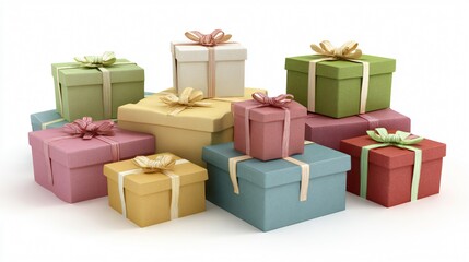 Obraz premium Colorful Gift Boxes Piles on White Background for Celebratory Occasions