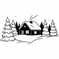 A charming winter village with cozy cottages nestled in a snowy forest, perfect for a peaceful Christmas holiday celebration
