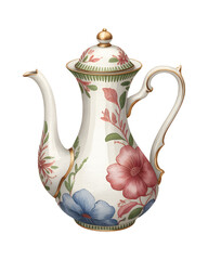 Hand painted vintage porcelain with floral patterns in soft pastel watercolor style. Watercolor vintage teapot, antique coffee pot.