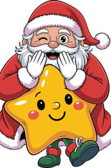 Cute Santa Claus holding smiling yellow star, festive Christmas holiday illustration, joyful winter celebration, cartoon character design for seasonal vector artwork