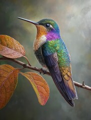 Fototapeta premium this realistic painting illustration depicts a hummingbird perched on a branch the vibrant colors and intricate details make it come to life giving the viewer a sense of serenity and beauty