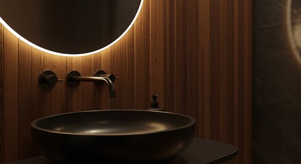 Atmospheric Glow of a Backlit Mirror in a Modern, Dark Wood Bathroom