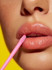 Obraz premium a closeup of a model with beautifully lush lips softly held against a pink makeup applicator in front of a vibrant yellow background highlighting beauty