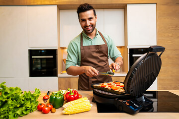 Young man grilling vegetables in modern kitchen with smile for healthy eating and lifestyle advertisement concept and cooking demo