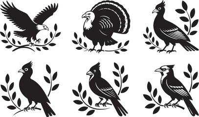 Obraz premium Silhouette Bird Collection with Branches Vector Art Illustration on Transparent BG