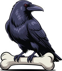 Dark raven on bone, spooky bird illustration, red-eyed crow, Halloween vector art, eerie animal drawing, gothic cartoon character design